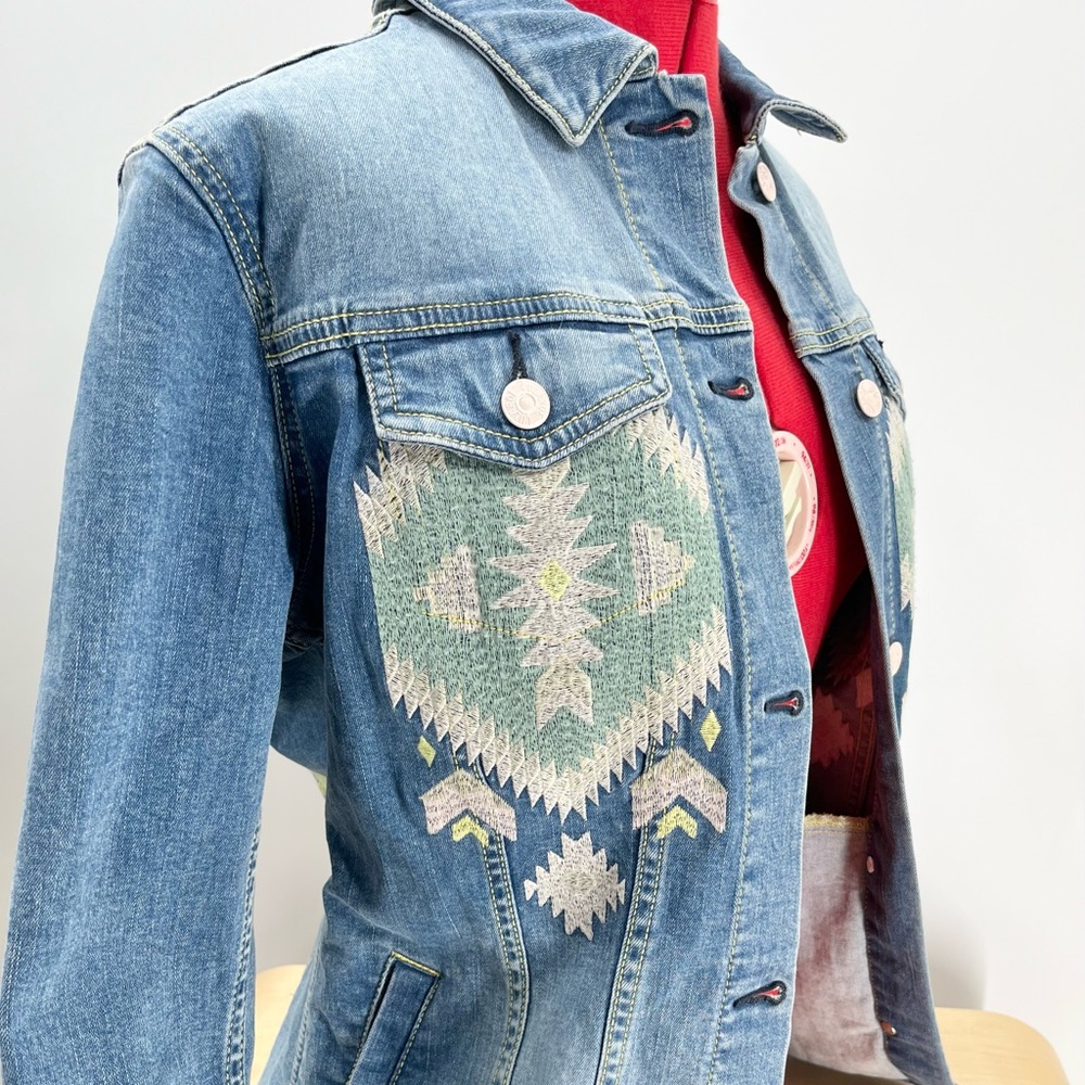LuLaRoe Denim Jacket with Aztec Boho Western Embroidery Size Small